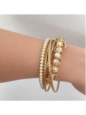 Gold & Faux Pearl Bracelet Set 6 Pieces Elegant Bangles Crystal & Pearl Accents